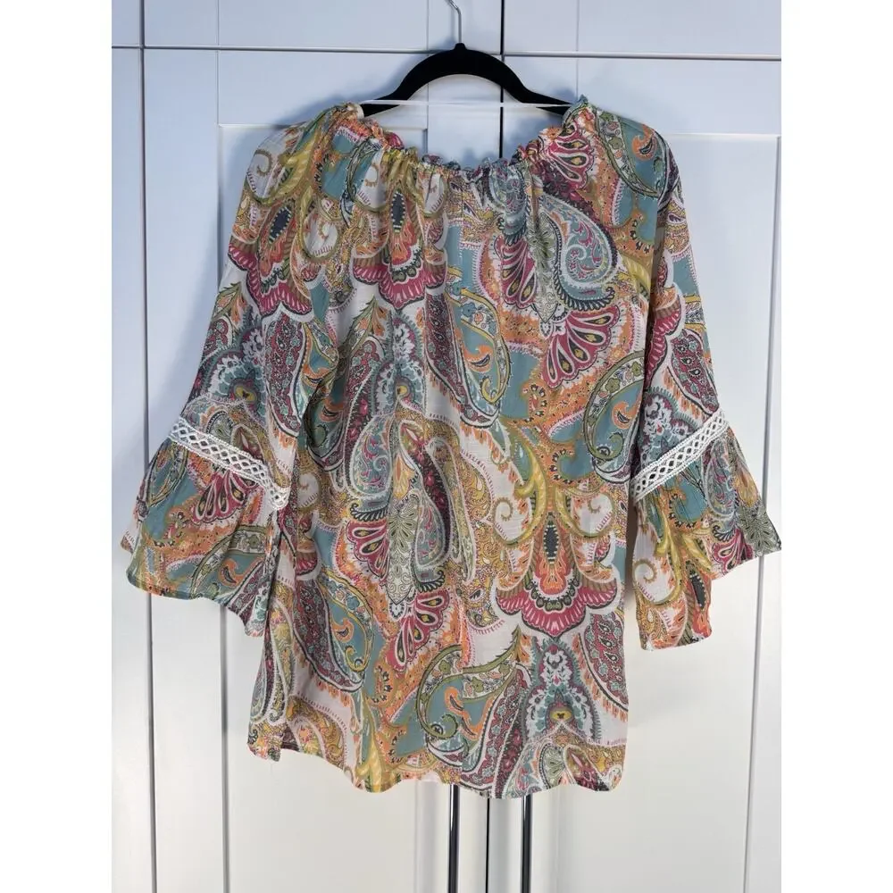 Spense Top Womens M Bell Sleeve Crochet Ruffle Paisley Boho Gypsy Peasant Indie - Picture 4 of 7